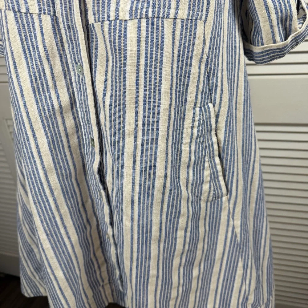 Heroes & Dreamers Striped Linen Blend Shirt Dress | Blue & Cream | Size S
